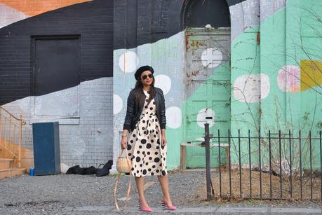 how to wear polka dots in winter, print on print, textured, fashion, street style, leather jacket, pink stripe heels, get out of a fashion rut, street style, beret style, myriad musings, Dainty Jewells polka dot midi dress