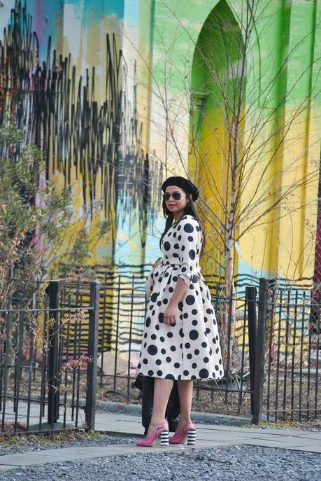 how to wear polka dots in winter, print on print, textured, fashion, street style, leather jacket, pink stripe heels, get out of a fashion rut, street style, beret style, myriad musings, Dainty Jewells polka dot midi dress