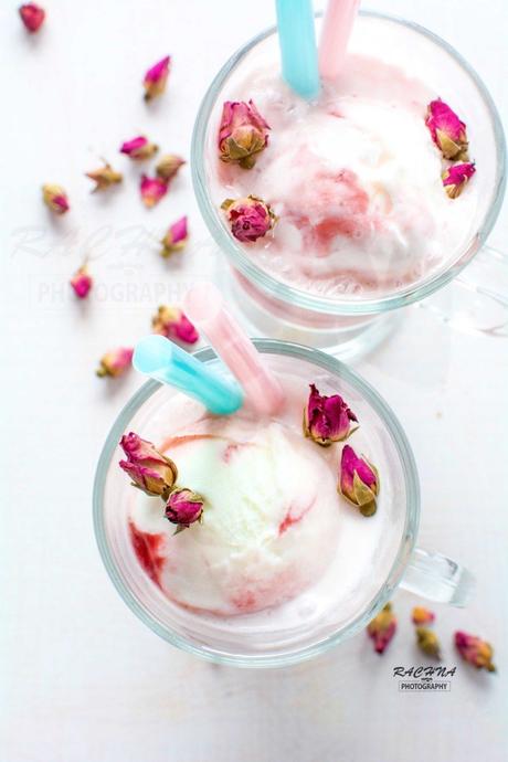 Rhubarb rose ice cream floats for valentines day