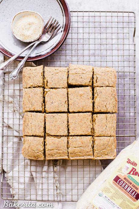 This Gluten Free + Vegan Cornbread is fluffy and light with an amazing texture from the cornmeal! It's perfect served with soup or chili, served as a side or snack, or just topped with a little bit of butter or spread.