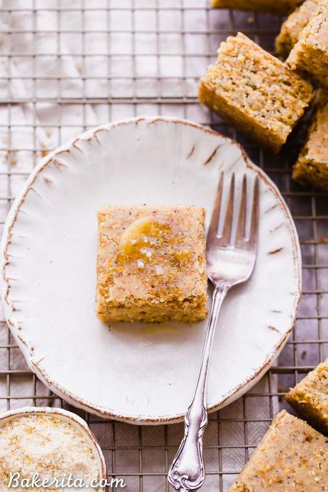 This Gluten Free + Vegan Cornbread is fluffy and light with an amazing texture from the cornmeal! It's perfect served with soup or chili, served as a side or snack, or just topped with a little bit of butter or spread.