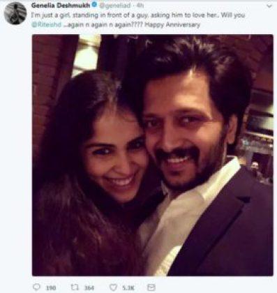 Riteish Deshmukh and Genelia D’Souza completes 6 years of Wedding Annniversary