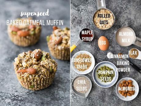 Easy baked oatmeal muffins recipe are a delicious meal prep breakfast or snack on the go. They are easily made gluten-free and vegan, are freezer-friendly, and are customized with seven different flavor variations so you'll never get bored! #sweetpeasandsaffron #mealprep #oatmeal #muffin