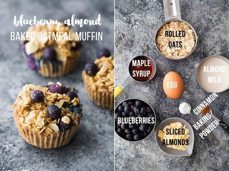 Easy baked oatmeal in muffin tins are a delicious meal prep breakfast or snack on the go. They are easily made gluten-free and vegan, are freezer-friendly, and are customized with seven different flavor variations so you'll never get bored! #sweetpeasandsaffron #mealprep #oatmeal #muffin