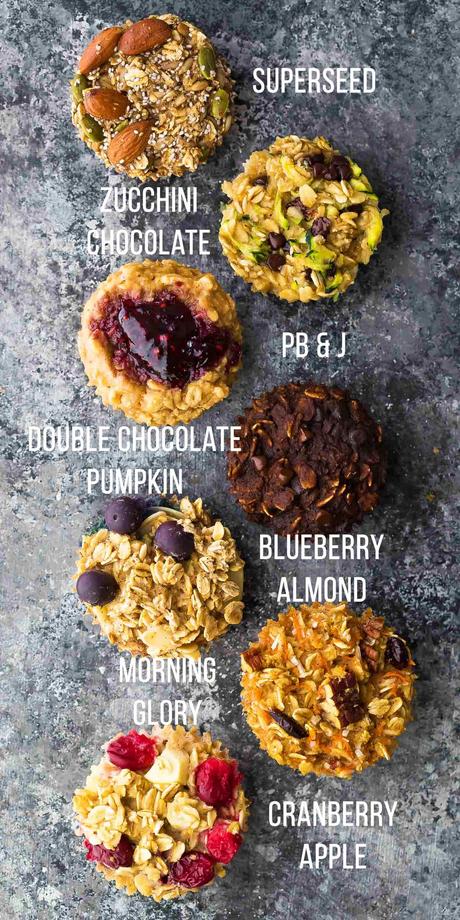 Easy baked oatmeal muffins are a delicious meal prep breakfast or snack on the go. They are easily made gluten-free and vegan, are freezer-friendly, and are customized with seven different flavor variations so you'll never get bored! #sweetpeasandsaffron #mealprep #oatmeal #muffin