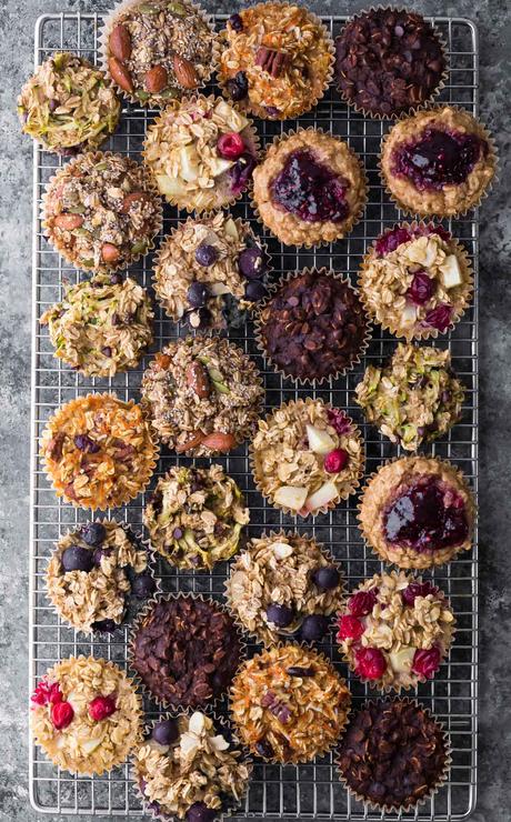 Easy baked oatmeal in muffin tin are a delicious meal prep breakfast or snack on the go. They are easily made gluten-free and vegan, are freezer-friendly, and are customized with seven different flavor variations so you'll never get bored! #sweetpeasandsaffron #mealprep #oatmeal #muffin