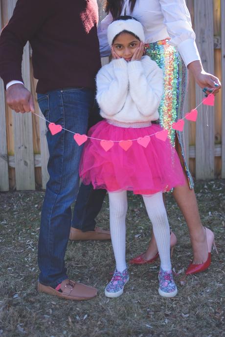 valentines day wityh family, valentines after 30, valentines with kid, valentines day family photoshoot, outdoor photoshoot, valentines day outfit, family pic, sequin skirt, pink tulle skirt outfit, fashion, lifestyle, plated food, the bouqs flower