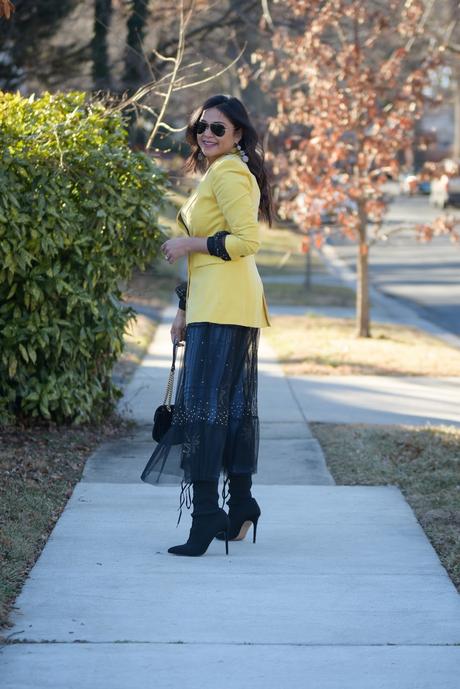 how to wear dress over jeans, mesh dress, yellow double breasted blazer, black booties, street chic, street style, black HM dress, zara blazer, ootd, myriad musings