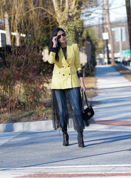 how to wear dress over jeans, mesh dress, yellow double breasted blazer, black booties, street chic, street style, black HM dress, zara blazer, ootd, myriad musings