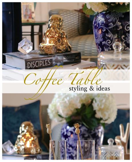 how to style your coffee table, modern living room, round coffee table, nesting coffee table, buddha statue, blue and white porcelain collection, home, interior, decor, coffe table, myriad musings