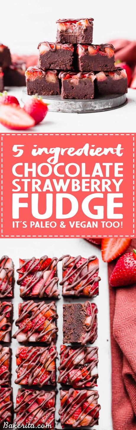 Chocolate Strawberry Fudge (Paleo + Vegan) This Chocolate Strawberry Fudge is a simple and delicious five-ingredient recipe you'll want to make over and over! It tastes just like chocolate covered strawberries, but way easier to make. There's no cooking required for this gluten-free, paleo and vegan fudge recipe.