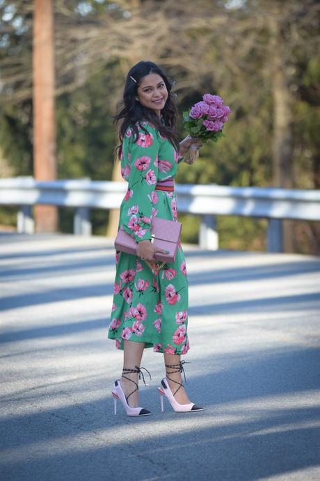 how to wear bright florals, who what wear skirt and top, flower print, valentines day outfit, green adn pink, street style, spring outfit, fashion, lookbook, myriad musings, fur coat how to wear bright florals, who what wear skirt and top, flower print, valentines day outfit, green adn pink, street style, spring outfit, fashion, lookbook, myriad musings, fur coat