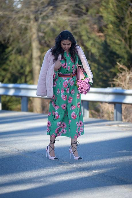 how to wear bright florals, who what wear skirt and top, flower print, valentines day outfit, green adn pink, street style, spring outfit, fashion, lookbook, myriad musings, fur coat how to wear bright florals, who what wear skirt and top, flower print, valentines day outfit, green adn pink, street style, spring outfit, fashion, lookbook, myriad musings, fur coat