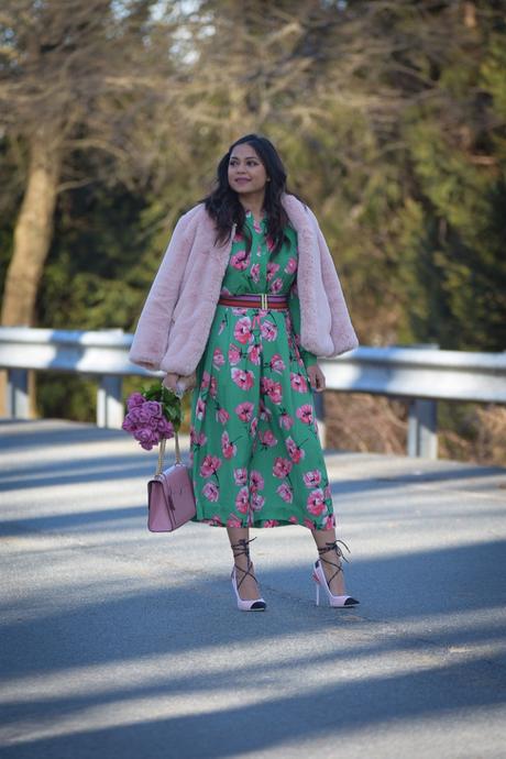 how to wear bright florals, who what wear skirt and top, flower print, valentines day outfit, green adn pink, street style, spring outfit, fashion, lookbook, myriad musings, fur coat how to wear bright florals, who what wear skirt and top, flower print, valentines day outfit, green adn pink, street style, spring outfit, fashion, lookbook, myriad musings, fur coat