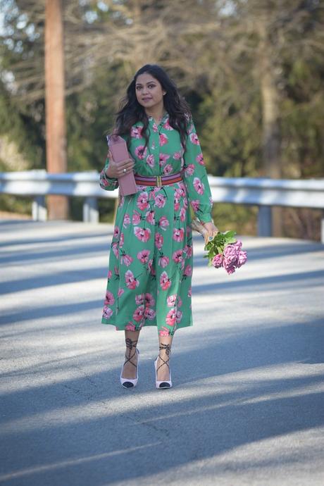 how to wear bright florals, who what wear skirt and top, flower print, valentines day outfit, green adn pink, street style, spring outfit, fashion, lookbook, myriad musings, fur coat how to wear bright florals, who what wear skirt and top, flower print, valentines day outfit, green adn pink, street style, spring outfit, fashion, lookbook, myriad musings, fur coat