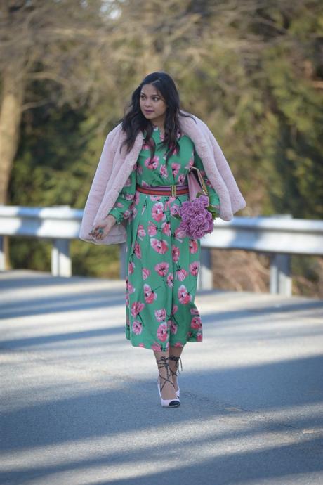 how to wear bright florals, who what wear skirt and top, flower print, valentines day outfit, green adn pink, street style, spring outfit, fashion, lookbook, myriad musings, fur coat how to wear bright florals, who what wear skirt and top, flower print, valentines day outfit, green adn pink, street style, spring outfit, fashion, lookbook, myriad musings, fur coat
