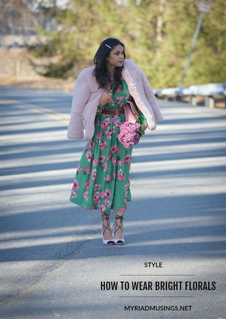 how to wear bright florals, who what wear skirt and top, flower print, valentines day outfit, green adn pink, street style, spring outfit, fashion, lookbook, myriad musings, fur coat how to wear bright florals, who what wear skirt and top, flower print, valentines day outfit, green adn pink, street style, spring outfit, fashion, lookbook, myriad musings, fur coat