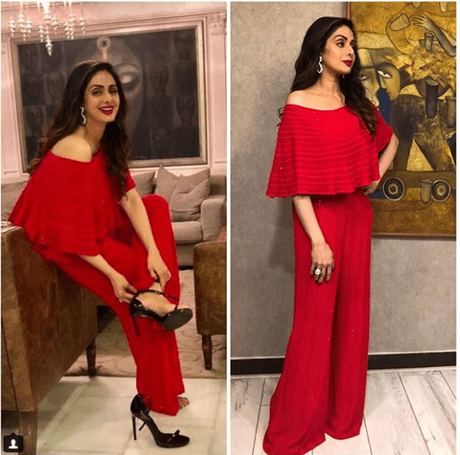 she looked hot in red outfit. sridevi style, sridevi fashion game