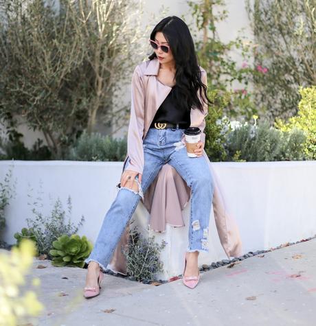 pink trench coat outfit style
