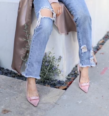 pink rhinestone kitten heels outfit 