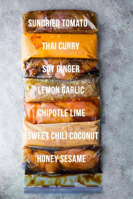 Bags of Instant Pot chicken breast recipes for freezer.