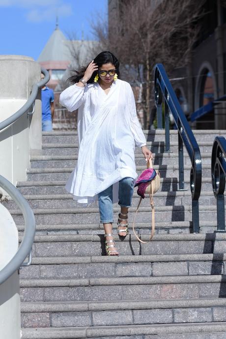 how to wear white in spring, white summer dress, dress over jeans, happy holi, holi outfit, indian, dc blogger, fashion, street style, kat maconie sandals, free people tunic, embellished jeans, myriad musings