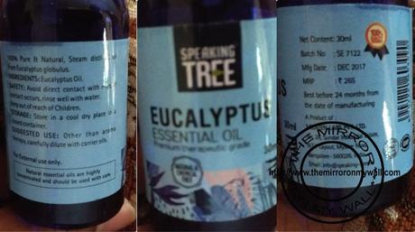 Speaking Tree Eucalyptus Essential Oil - Ingredients and other details on bottle