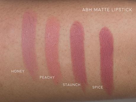  Anastasia Beverly Hills (ABH) Nude Matte Lipstick Swatches, Honey, Peachy, Staunch, Spice  