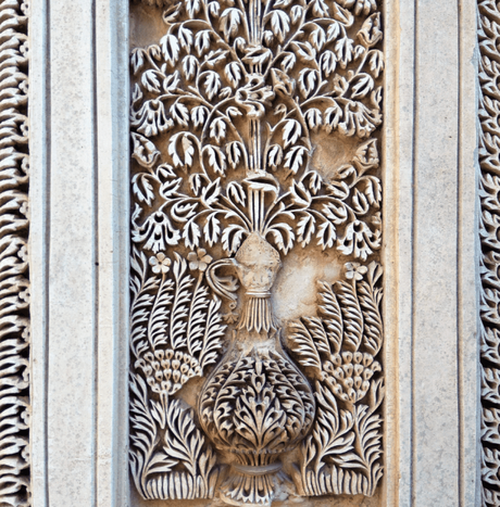 Intricate stucco work in Paigah tombs