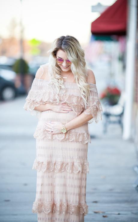 spring maternity dresses; off the shoulder tiered lace dress
