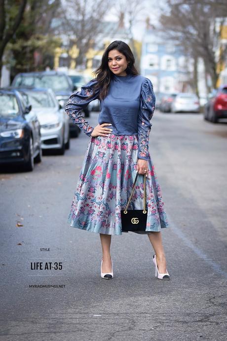 how to wear monochromatic skirt and blouse outfit, gray on grey, fashion, style, printed midi skirt, embroidered ruffle sleeve blouse, ootd, outfit of the day, life after thirty, lifestyle, myriad musings 