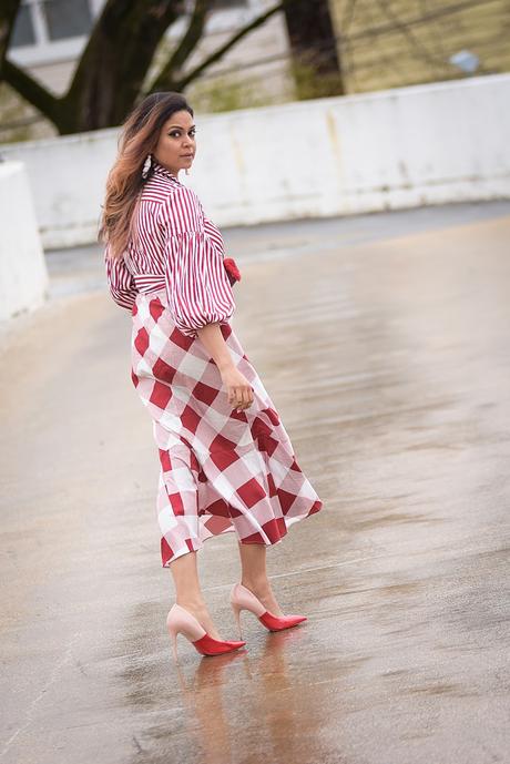new york and company plaid and stripe dress, print mixing, spring ready, easter red dress, summer style, ootd, myriad musings 