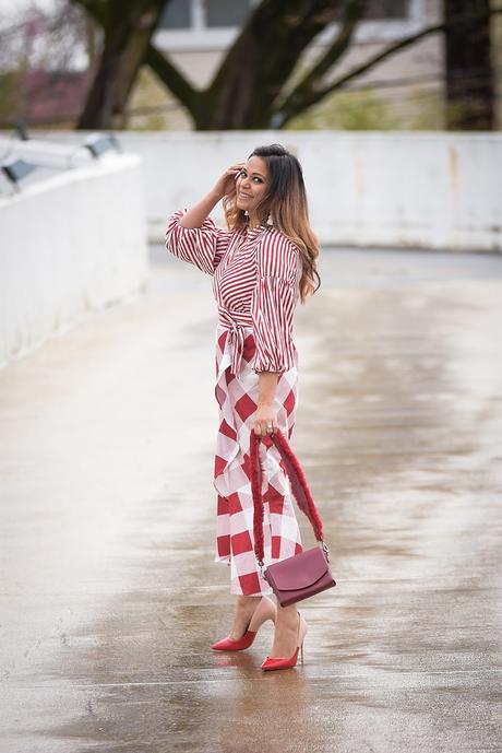 new york and company plaid and stripe dress, print mixing, spring ready, easter red dress, summer style, ootd, myriad musings 