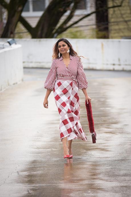 new york and company plaid and stripe dress, print mixing, spring ready, easter red dress, summer style, ootd, myriad musings 