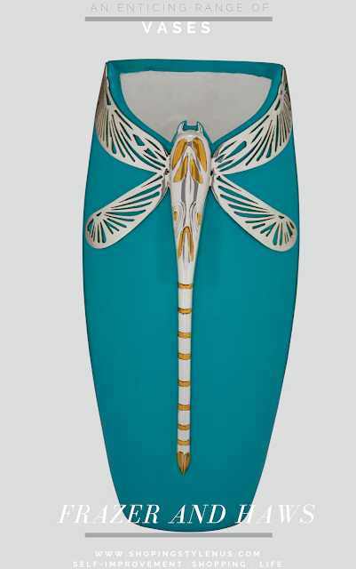 A tasteful resin vase in aquamarine colour duco on the outer surface and white duco on the inner surface is an artistic decorative piece. The dragon fly’s form is chased in silver with gold gilded detailing and the wings are in piercing technique. Price: INR 15,200