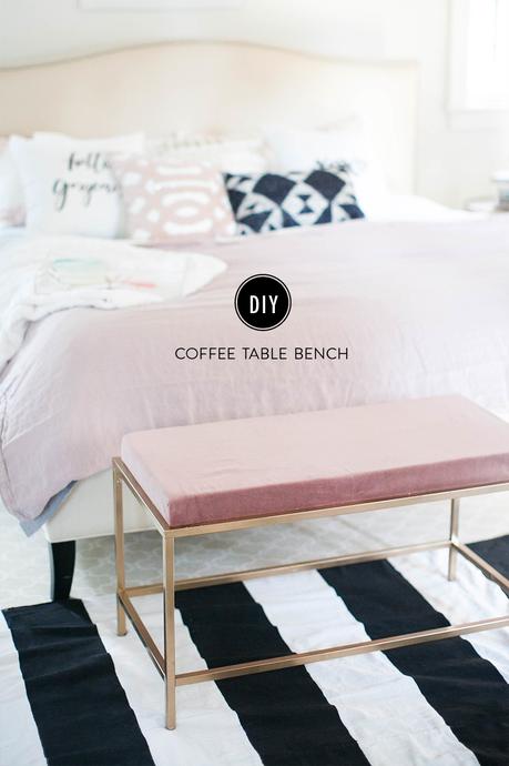 Cool DIY ideas for your home. Glam gold and pink coffee table bench by Style Me Pretty.