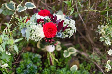 Red, blue and white flower bouquet with dahliasYorkshire Wedding Photography