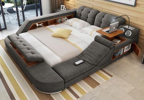 A bed uniting the functions of several rooms