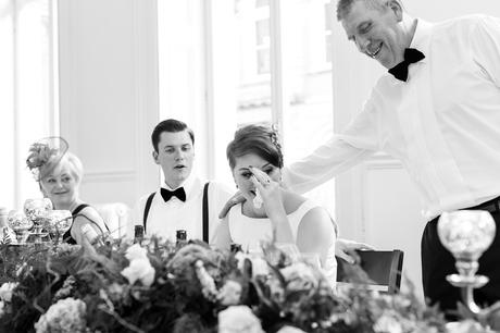 Fun Wedding Photography in Yorkshire bride laughs so hard she cries during speechs