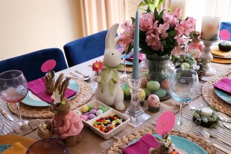 easter tablescape, easter party table decor, bunny and egg decoration, reactangle dining tablescape, party decoration, myriad musings .jpg
