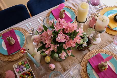 easter tablescape, easter party table decor, bunny and egg decoration, reactangle dining tablescape, party decoration, myriad musings .jpg