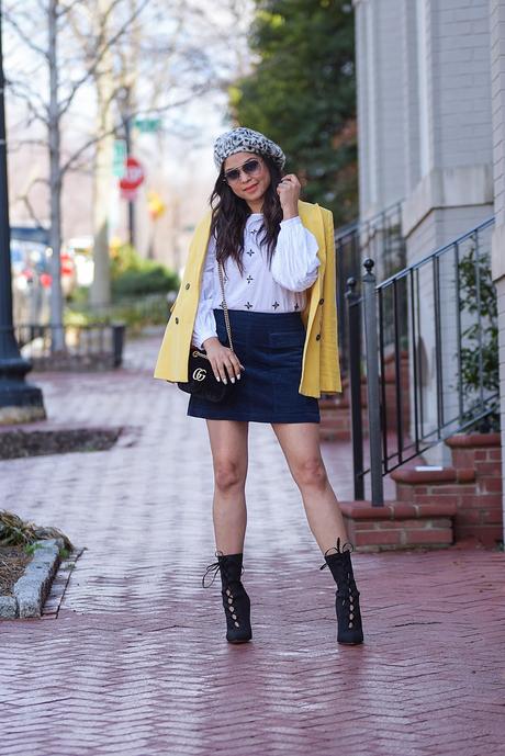spring outfit, skirt and blazer, primary colors outfit, street style, mini skirt,  double breasted jacket, yellow blazer, style, stylist , myriad musings 