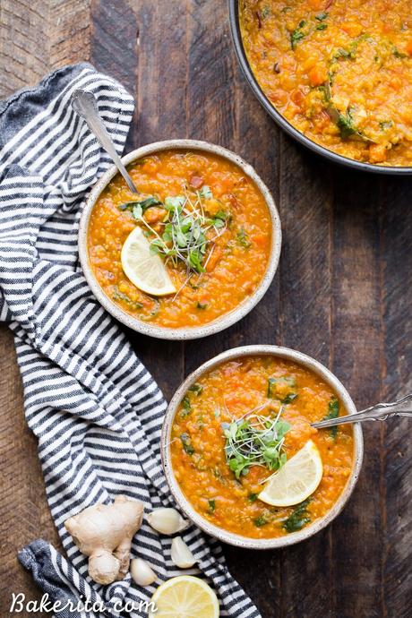 This spiced Vegan Red Lentil Soup is a warm, comforting meal that comes together in just 45 minutes. It's full of flavor from ginger, garlic, and spices, with a luxuriously rich texture. It's perfect with a squeeze of lemon to brighten things up!