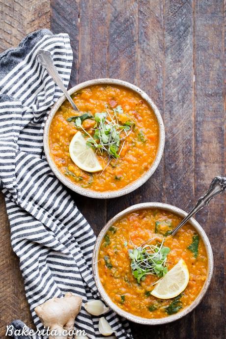 This spiced Vegan Red Lentil Soup is a warm, comforting meal that comes together in just 45 minutes. It's full of flavor from ginger, garlic, and spices, with a luxuriously rich texture. It's perfect with a squeeze of lemon to brighten things up!