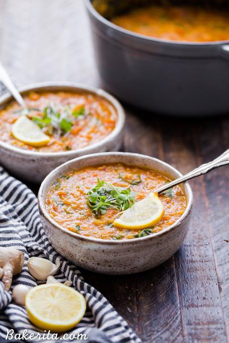 This spiced Vegan Red Lentil Soup is a warm, comforting meal that comes together in just 45 minutes. It's full of flavor from ginger, garlic, and spices, with a luxuriously rich texture. It's perfect with a squeeze of lemon to brighten things up!