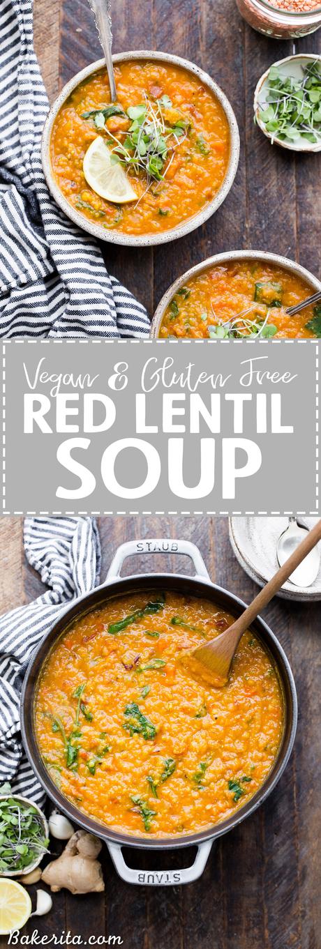 This spiced Vegan Red Lentil Soup is a warm, comforting meal that comes together in just 45 minutes. It's full of flavor from ginger, garlic, and spices, with a luxuriously rich texture. It's perfect with a squeeze of lemon to brighten things up!