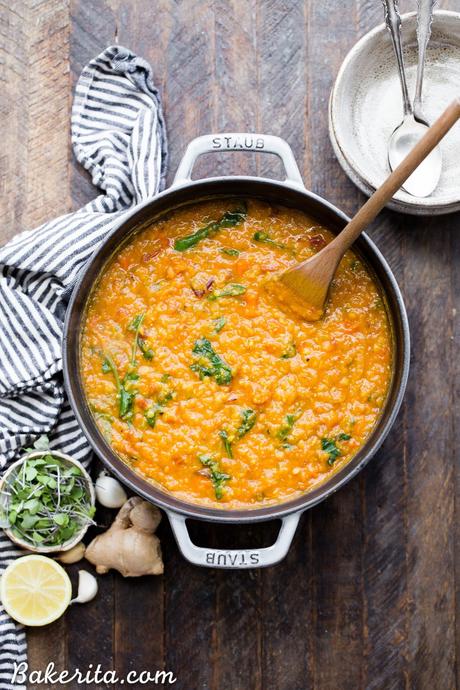 This spiced Vegan Red Lentil Soup is a warm, comforting meal that comes together in just 45 minutes. It's full of flavor from ginger, garlic, and spices, with a luxuriously rich texture. It's perfect with a squeeze of lemon to brighten things up!