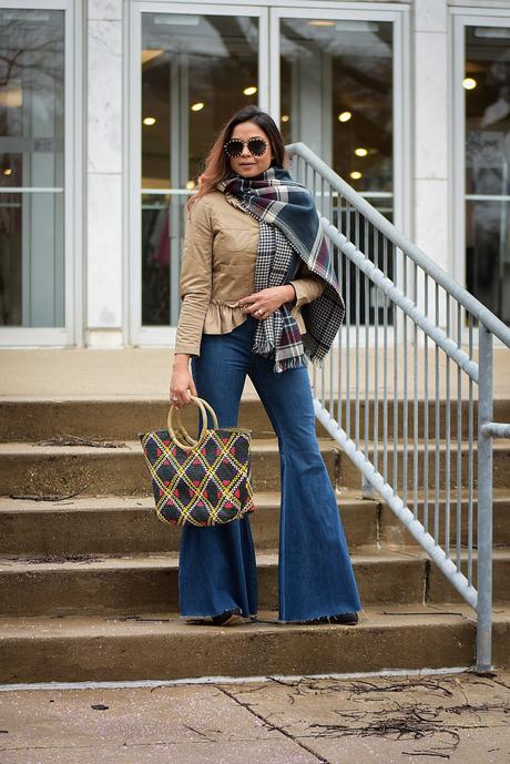how to wear a plaid scarf, bell bottom jeans, spring style, street style, fashion blogger, style, frill j crew blazer, woven beach bag, myriad musings