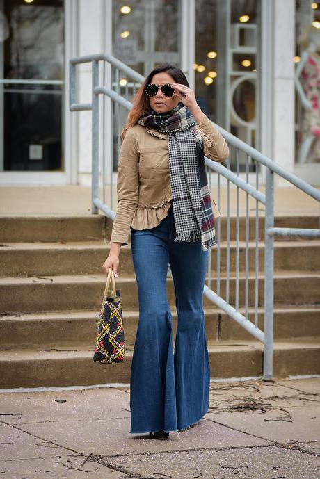 how to wear a plaid scarf, bell bottom jeans, spring style, street style, fashion blogger, style, frill j crew blazer, woven beach bag, myriad musings