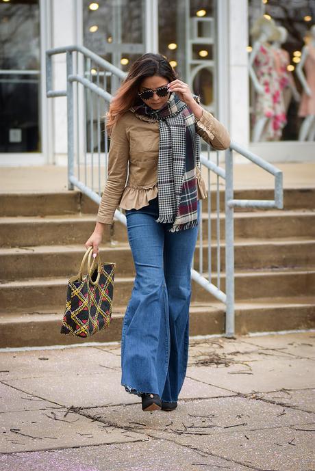 how to wear a plaid scarf, bell bottom jeans, spring style, street style, fashion blogger, style, frill j crew blazer, woven beach bag, myriad musings
